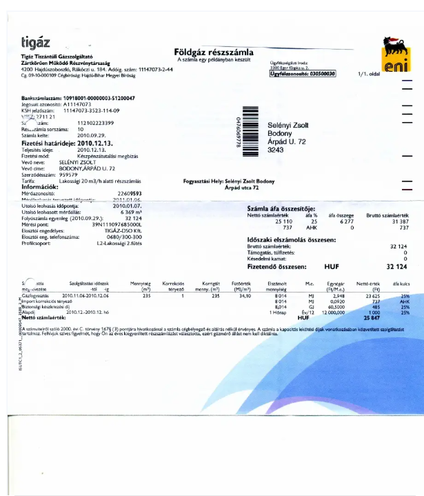 HUNGARY TIGAZ utility bill Word and PDF template